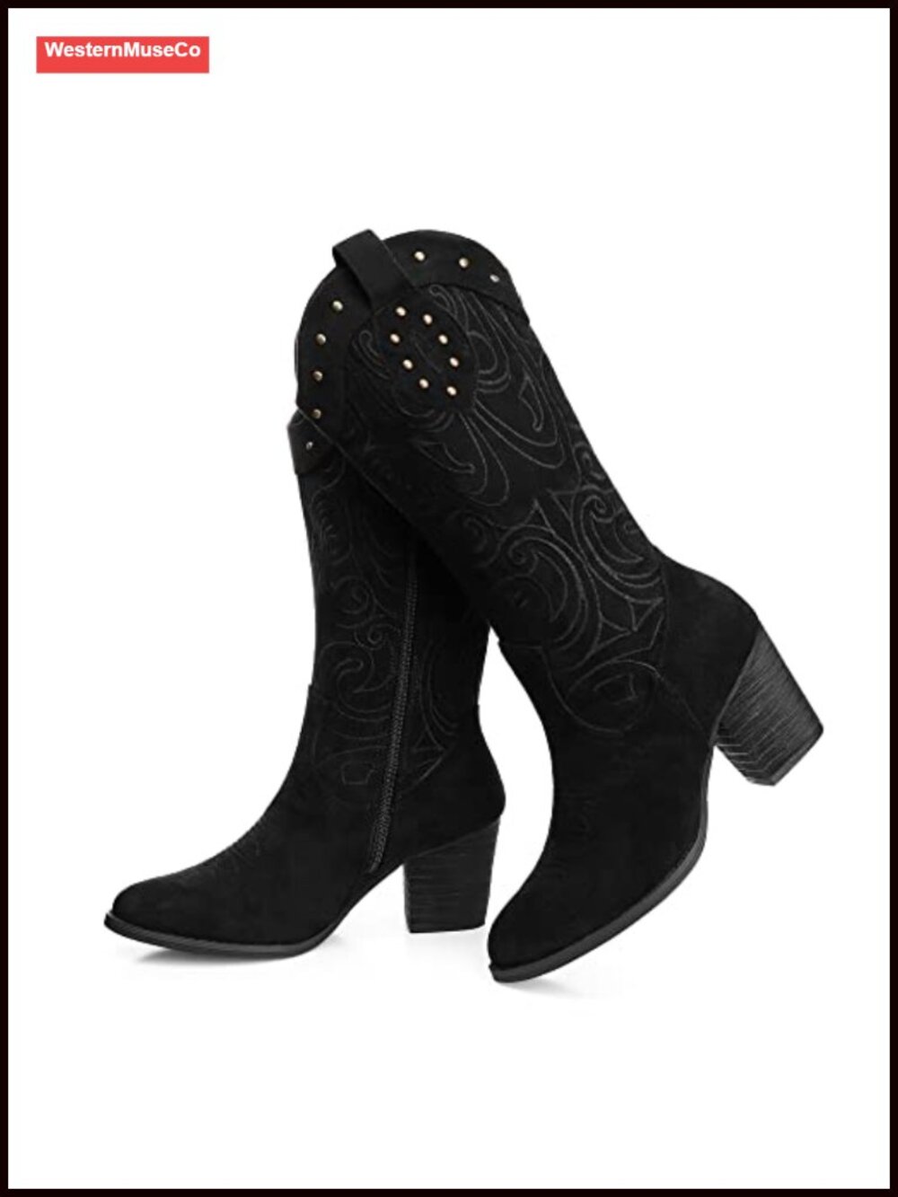 Mid Calf Western Cowboy Boots Faux Suede Chunky Block Heel Embroidered